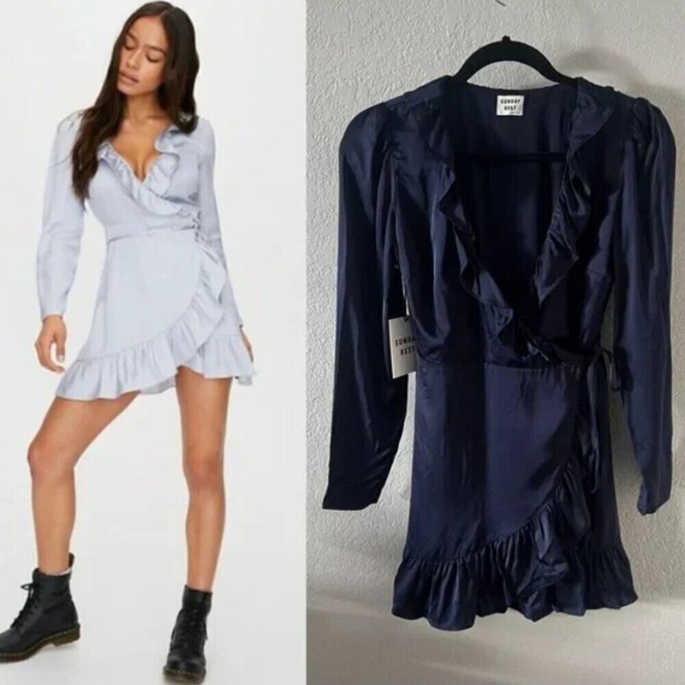 Aritzia Sunday Best Taro Dress Long Sleeve Ruffle Wrap Satin Dress Nwt Sz 4